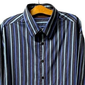 Perry Ellis Men's XXL Button Up Long Sleeve Blue Striped Dress‎ Shirt (1201)